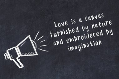 Bilge motivasyonel yazıtlı siyah karatahtaya hoparlör çizimi