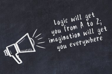 Bilge motivasyonel yazıtlı siyah karatahtaya hoparlör çizimi