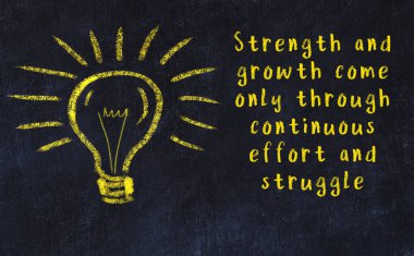 Bilgece bir alıntı ve siyah karatahtaya bir ampul çizimi