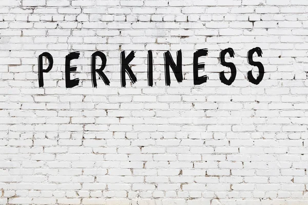 Inscriptie Perkiness Geschreven Met Zwarte Verf Witte Bakstenen Muur — Stockfoto