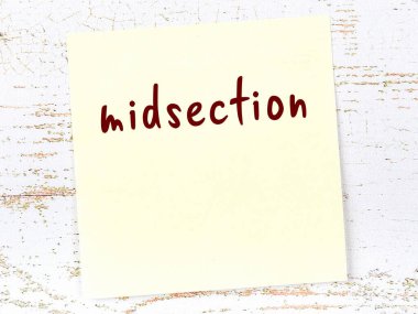 Karın bölgesini hatırlatma kavramı. Tahta duvarda üzerinde yazı olan sarı yapışkan kağıt.