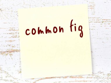 Sıradan inciri hatırlatma kavramı. Tahta duvarda üzerinde yazı olan sarı yapışkan kağıt.