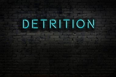 Tuğla duvara yazı kazınmış neon tabela. Gece görünümü