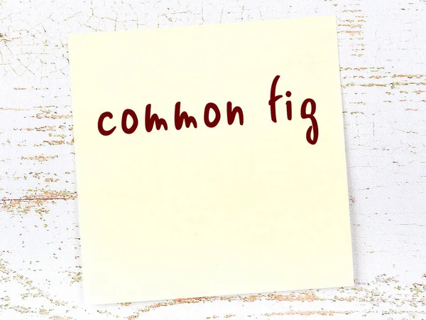 Sıradan inciri hatırlatma kavramı. Tahta duvarda üzerinde yazı olan sarı yapışkan kağıt.