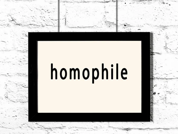 白色砖墙上挂着印有同性恋字样的黑色木制框架 — 图库照片