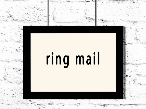 Black Wooden Frame Inscription Ring Mail Hanging White Brick Wall — Stock Photo, Image