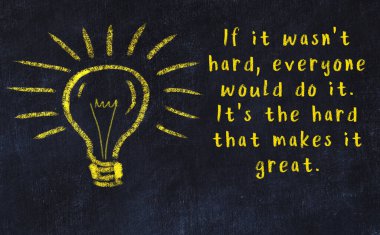 Bilgece bir alıntı ve siyah karatahtaya bir ampul çizimi