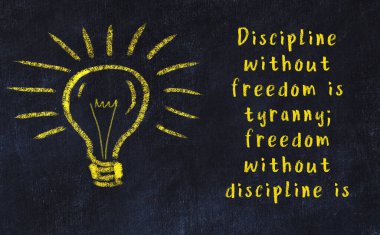 Bilgece bir alıntı ve siyah karatahtaya bir ampul çizimi