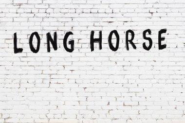 Yazılı beyaz tuğla duvar. Siyah boyalı uzun bir at.