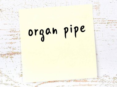 Organ borusunu hatırlatma kavramı. Tahta duvarda üzerinde yazı olan sarı yapışkan kağıt.