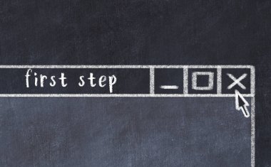 Tarayıcı penceresinin ilk adım başlık yazısıyla kapatılmasının tebeşir çizimi  