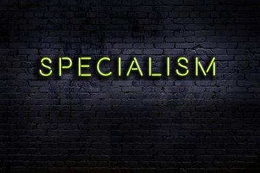 Tuğla duvara karşı yazıt uzmanlığı olan neon tabela. Gece görünümü