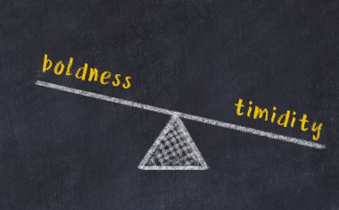 Cesaret ve korkaklık arasındaki denge kavramı. Üzerinde pullar ve kelimeler olan siyah bir karatahta.
