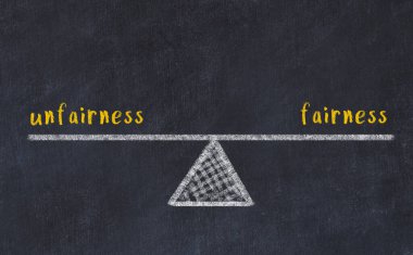 Adaletsizlik ve adalet arasındaki denge kavramı. Üzerinde pullar ve kelimeler olan siyah bir karatahta.