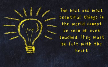Bilgece bir alıntı ve siyah karatahtaya bir ampul çizimi