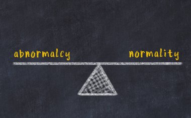 Anormallik ve normallik arasındaki denge kavramı. Üzerinde pullar ve kelimeler olan siyah bir karatahta.