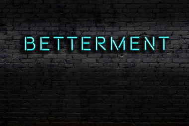 Tuğla duvara karşı yazıtsal iyileştirmeli neon tabela. Gece görünümü