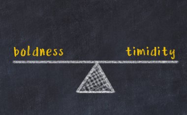 Cesaret ve korkaklık arasındaki denge. Kara tahtaya yazı tahtası çizimi