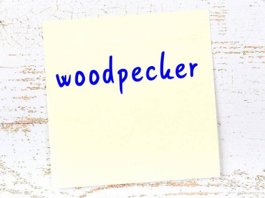 Tahta duvardaki sarı yapışkan notta el yazısıyla yazılmış ağaçkakan var.