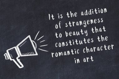 Bir hoparlörün tebeşir çizimi ve siyah karatahtaya el yazısıyla yazılmış alıntılar