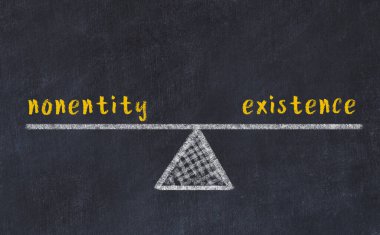 Varoluş ve yokluk arasındaki denge kavramı. Üzerinde pullar ve kelimeler olan siyah bir karatahta.