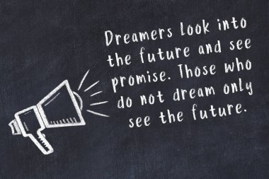 Bir hoparlörün tebeşir çizimi ve siyah karatahtaya el yazısıyla yazılmış alıntılar