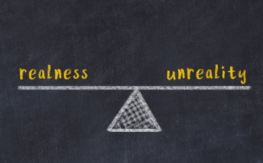 Kara tahtada gerçeklik ve gerçeklik dışı kelimelerle tebeşir çizimi. Denge kavramı