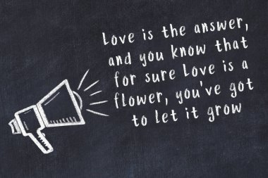 Bir hoparlörün tebeşir çizimi ve siyah karatahtaya el yazısıyla yazılmış alıntılar