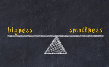 Büyüklük ve küçüklük arasındaki denge kavramı. Üzerinde pullar ve kelimeler olan siyah bir karatahta.