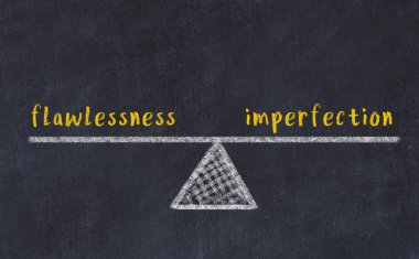 Karatahtaya kusursuz kelimeler ve kusurlarla tebeşir çizimi. Denge kavramı
