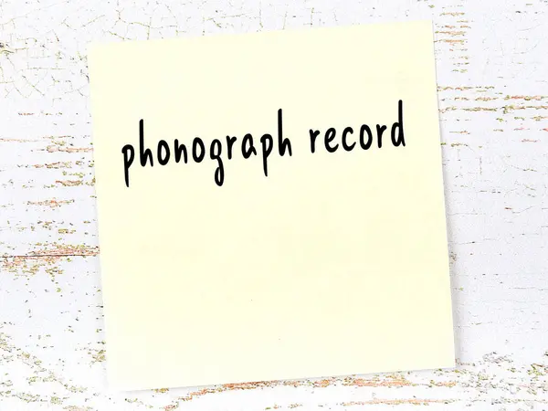 Yellow Sticky Note Wooden Wall Handwritten Inscription Phonograph Record — Stock Photo, Image