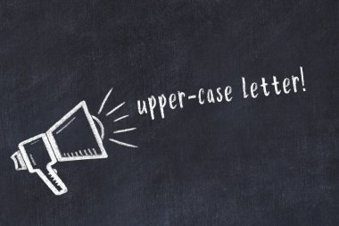 Hoparlör çizimi ve büyük harfli yazı tahtası.