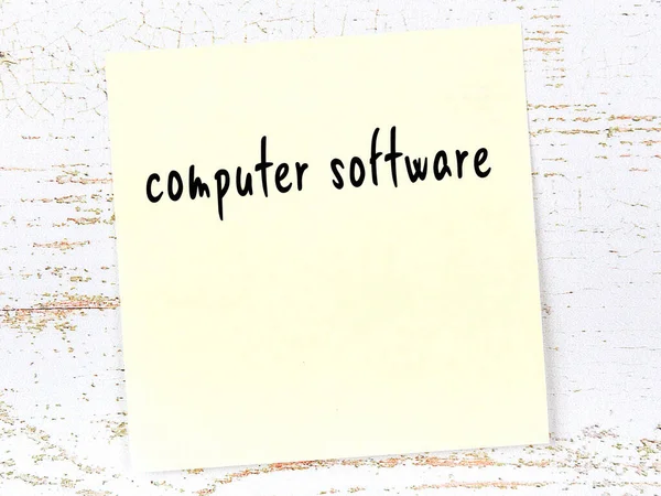 Yellow Sticky Note Wooden Wall Handwritten Inscription Computer Software — Stock Photo, Image