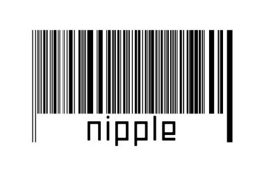 Beyaz arka planda barkod ve altında yazı olan meme ucu. Ticaret ve küreselleşme kavramı