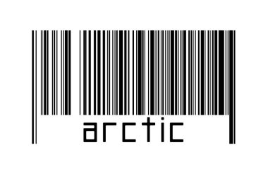 Beyaz arkaplanda barkod ve kutuplarda yazı var. Ticaret ve küreselleşme kavramı