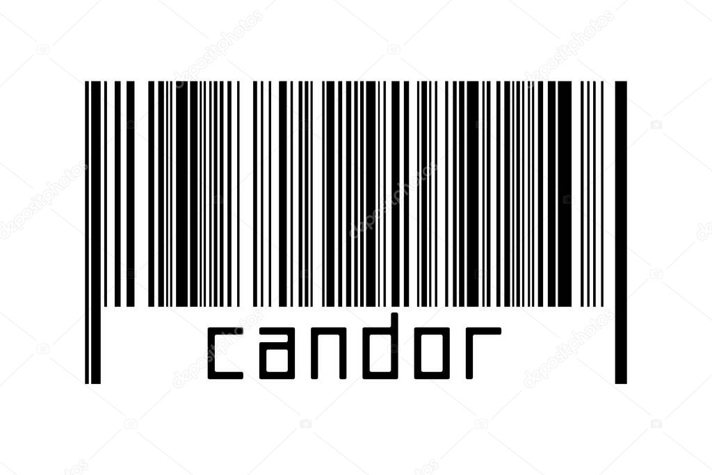 Barcode on white background with inscription candor below. Concept of trading and globalization