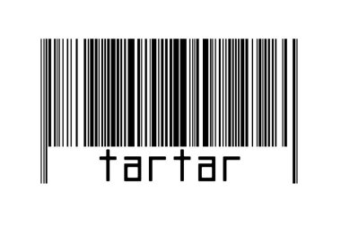 Beyaz arka planda barkod ve altında da yazıt tartarı var. Ticaret ve küreselleşme kavramı