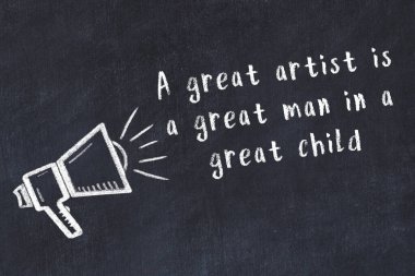 Bilge motivasyonel yazıtlı siyah karatahtaya hoparlör çizimi