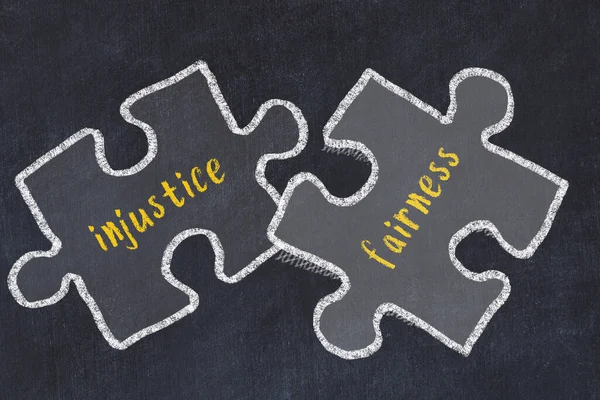 Chalk Drawing Two Puzzles Words Injustice Fairness Concept Solving Problems — Stock Photo, Image