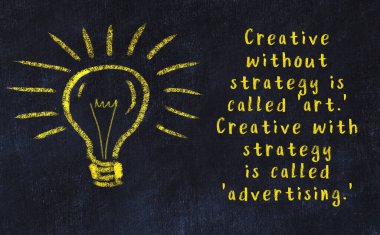 Bilgece bir alıntı ve siyah karatahtaya bir ampul çizimi