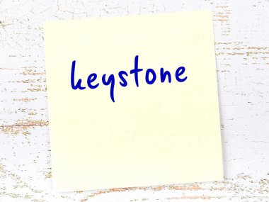 Tahta duvardaki sarı yapışkan notta el yazısıyla yazılmış anahtar taş var.