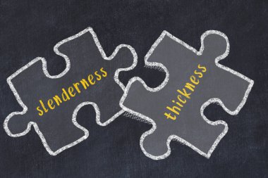 İnce ve kalın kelimelerle iki bulmacanın tebeşir çizimi. Sorunları çözme kavramı