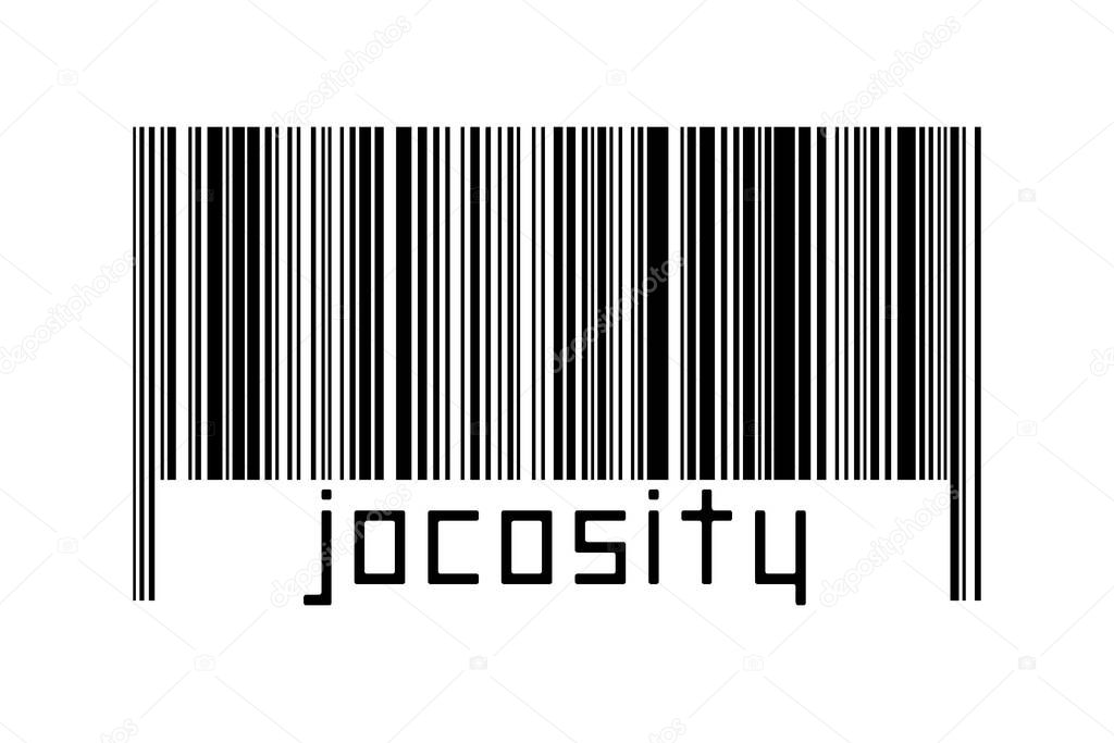 Barcode on white background with inscription jocosity below. Concept of trading and globalization