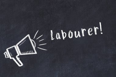 Hoparlör ve yazıt işçisi çizimli siyah karatahta