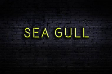 Üzerinde yazı olan neon tabela tuğla duvara karşı martı. Gece görünümü