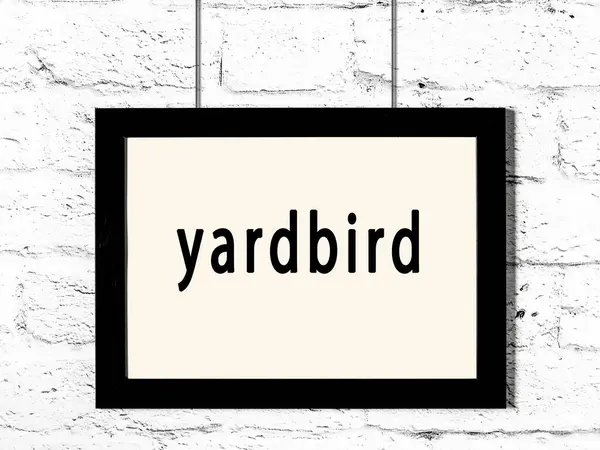 Black Wooden Frame Inscription Yardbird Hanging White Brick Wall — Stock Photo, Image