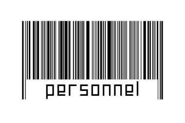 Altında yazıt personeli olan beyaz arka planda bir barkod. Ticaret ve küreselleşme kavramı