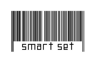 Beyaz arkaplanda barkod ve aşağıda da akıllı yazılar var. Ticaret ve küreselleşme kavramı