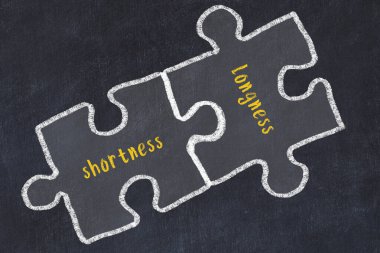 Sorunlarla başa çıkma kavramı. Bulmacaları kelimelerin kısalığı ve uzunluğu ile birleştirmenin tebeşir çizimi.