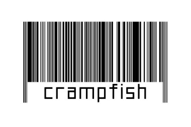 Beyaz arka planda barkod ve altında karides yazılı. Ticaret ve küreselleşme kavramı